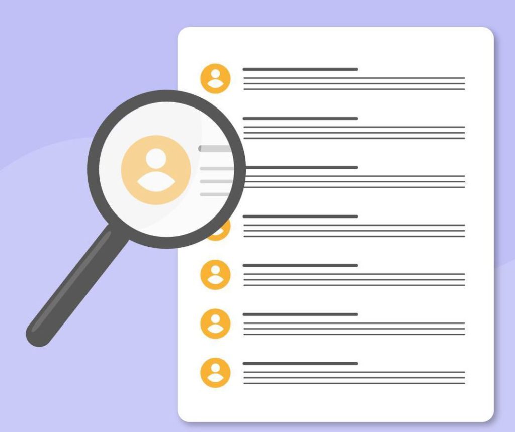 A magnifying glass over a page with profiles used in an email marketing campaign.